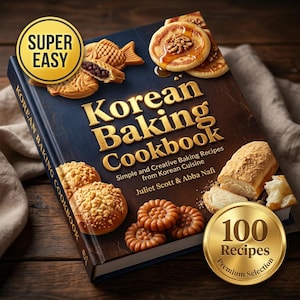 Puede incluir: Un libro de cocina Korean Baking Cookbook con letras doradas, que muestra imágenes de pasteles con forma de pez, bollos redondos y pan. Una insignia dorada dice SUPER EASY y otra muestra 100 Recipes Premium Selection.