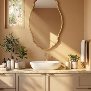 May include: A bathroom interior with a gold-framed oval mirror above a white oval sink. The sink is on a light-coloured countertop with a beige cabinet. Decorative plants and toiletries are arranged on the counter.