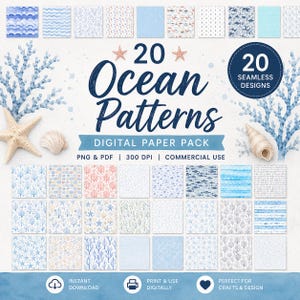 May include: A digital paper pack with 20 seamless ocean-themed patterns in blue hues, featuring starfish, coral, and seashell designs. The text reads "20 Ocean Patterns" and "Digital Paper Pack". Includes PNG & PDF files.