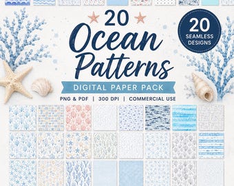 20 sömlösa digitala havspapper, kustnära akvarellmönster (PNG och PDF)