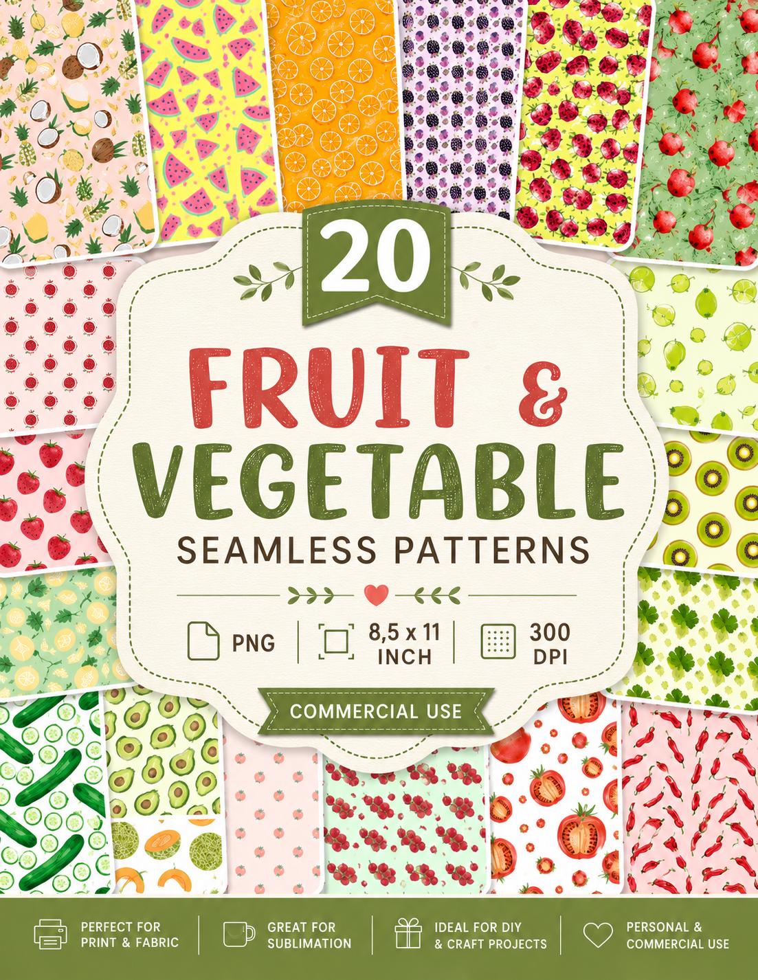 Veg Pattern Print 20 Fruit Vegetable Seamless Patterns Pack, Hand-painted Style Digital ...