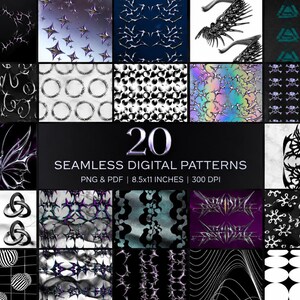 Könnte beinhalten: Eine Sammlung von 20 nahtlosen digitalen Mustern mit metallischen, chromartigen und abstrakten Grafikdesigns in Schwarz, Weiß und irisierenden Tönen. Der Text lautet 20 SEAMLESS DIGITAL PATTERNS PNG & PDF | 8.5x11 INCHES | 300 DPI.