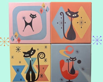 Atomic Cat Coasters - Set #2 - Retro Midcentury Design!