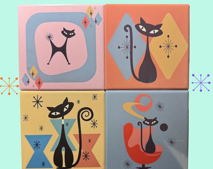Atomic Cat Coasters - Set #2 - Retro Midcentury Design!