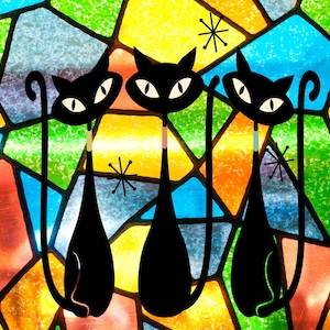 May include: A stained-glass design with three black cat silhouettes, white eyes, and starburst details. The background is a mosaic of colourful glass pieces in yellow, green, blue, and red, creating a retro, mid-century modern style.