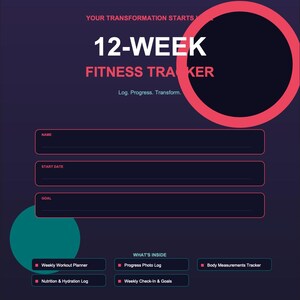 Könnte beinhalten: Ein digitaler 12-Wochen-Fitness-Tracker mit dunkelviolettem Hintergrund und rosa und türkisfarbenen Akzenten. Der Tracker enthält Abschnitte für Name, Startdatum und Ziel sowie einen wöchentlichen Trainingsplaner, ein Fortschrittsfotoprotokoll.