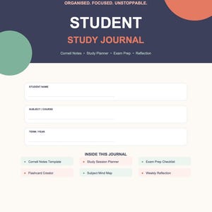 Könnte beinhalten: Ein Student Study Journal mit marineblauem Hintergrund und orangefarbenen und grünen Kreisen. Das Journal enthält Abschnitte für den Namen des Schülers, das Fach und den Begriff. Es bietet auch Cornell Notes, einen Studienplaner und Checklisten zur Prüfungsvorbereitung.
