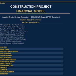 May include: A dark blue digital document titled Construction Project Financial Model by FinForge Studio. It lists a 10-year projection for a skyline mixed-use tower, including model highlights like integrated tabs, schedules, and analysis metrics.