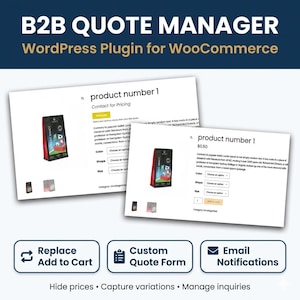 May include: A promotional image for a WordPress plugin called "B2B Quote Manager." The image displays two mockups of a product page with options for color, shape, and size. The plugin offers features like custom quote forms and email notifications.