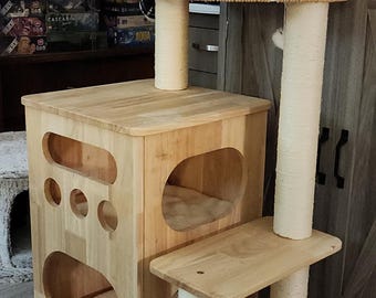Wooden Cat Tree for Large Cats Luxury Cat Tower with Woven Basket Condo