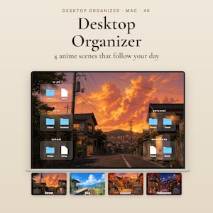 Può includere: Un organizzatore desktop digitale per Mac con quattro scene in stile anime, tra cui strada, mare, autunno e Halloween. Lo schermo mostra cartelle semitrasparenti etichettate to do, work, personal, school e downloads su un paesaggio al tramonto.
