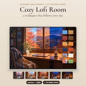 Può includere: Uno schermo digitale che mostra uno sfondo dinamico intitolato Cozy Lofi Room, con l'interno di una stanza con un gatto, una vista dalla finestra e un portatile. Il set include ventidue icone di cartelle e cinque miniature da 06:00 a 22:30.