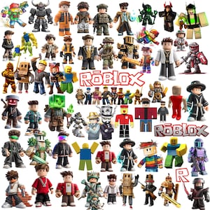 Könnte beinhalten: Eine Sammlung von Roblox-Charakterfiguren in verschiedenen Outfits und Stilen. Die Figuren sind in verschiedenen Farben und Designs gehalten, einige halten Waffen oder Zubehör. Das Wort "ROBLOX" wird in Rot und Weiß angezeigt.
