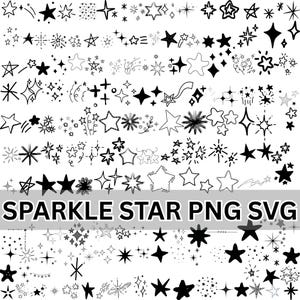 Puede incluir: Una colección de ilustraciones de estrellas y destellos en blanco y negro de diversas formas, tamaños y estilos, incluyendo diseños sólidos, delineados y dibujados a mano. El texto SPARKLE STAR PNG SVG está impreso en blanco sobre una banda gris.