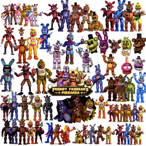 May include: A collection of colorful character figurines from the video game franchise, Five Nights at Freddy's. The image features various animatronic figures, including bears, bunnies, and foxes, in a variety of poses and colors. A sign that reads "Freddy Fazbear's Pizzeria" is also visible.