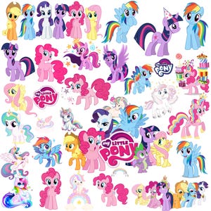 Könnte beinhalten: Eine Sammlung farbenfroher Illustrationen von My Little Pony-Charakteren. Das Bild zeigt verschiedene Ponys in unterschiedlichen Posen und Farben, darunter Pink, Lila, Blau und Gelb. Das My Little Pony-Logo ist ebenfalls zu sehen.