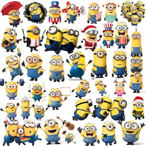 Puede incluir: Una colección de personajes amarillos de Minions en varias poses y atuendos. Algunos sostienen objetos como un megáfono, una guitarra y pesas. Otros visten disfraces, incluyendo un gorro de Papá Noel y atuendos patrióticos. La imagen es una exhibición vibrante de los populares personajes animados.