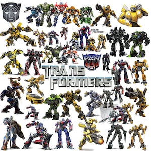 Pode incluir: Uma colagem de vários personagens Transformers em diferentes poses e cores. A imagem inclui o logotipo dos Transformers e a palavra "TRANSFORMERS" em letras grandes e em negrito. Os robôs são em tons de amarelo, azul, vermelho, verde e preto.