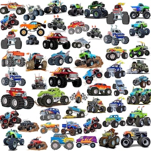 May include: A collection of various monster truck illustrations featuring diverse colors, flame decals, and oversized tires. The graphic set includes multiple truck designs in red, blue, green, and yellow, some with smoke or fire effects, and a checkered flag.