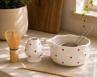 Hearts Matcha Bowl Set, Ceramic Chawan with Spout, Bamboo Whisk Chasen Holder Scoop, Kawaii Handmade Matcha Kit Tea Ceremony Gift cherry