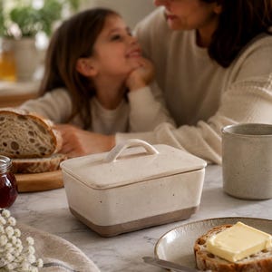 Può includere: Un burriera rettangolare in ceramica con smalto bianco sporco maculato e un coperchio abbinato con manico curvo. La base del contenitore è di un tono marrone terra a contrasto e l'intero pezzo ha una finitura liscia e opaca.