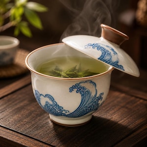 Gaiwan de cerámica pintado a mano: cuenco de té con tapa y motivo de olas para la preparación del té Gongfu.