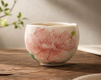 Hand-Painted Peony Porcelain Tea Cup – 100ml Chinese Gongfu Teabowl with Matte Rock Mineral Glaze for Daily Tea Sipping