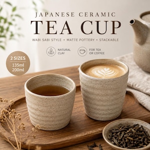 May include: Two Japanese ceramic tea cups, one filled with tea and the other with a latte. The cups are light beige with a textured, ribbed design. The image includes text that reads "Japanese Ceramic Tea Cup" and "Wabi Sabi Style".