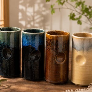 Handmade Ceramic Tumbler, Tall Stoneware Highball Cup, Reactive Glaze Pottery Mug, Thumb Indent Drinkware, Large 878ml Cup