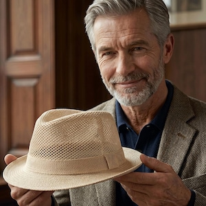Puede incluir: Un sombrero fedora beige claro con una corona de malla y una cinta de grogrén. El sombrero lo sostiene una persona que lleva una blazer marrón y una camisa azul. La ala del sombrero mide aproximadamente 6,35 cm de ancho.