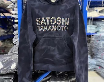 Satoshi Nakamoto Navy Blue Tie Dye Pattern Rhinestone Mens Pullover Hoodie