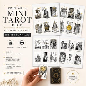 Könnte beinhalten: Druckbares Mini-Tarot-Deck mit 78 Karten, große und kleine Arkana. Das Deck ist schwarz und goldfarben, mit einer zeitlosen und minimalistischen Ästhetik. Das Deck hat eine Mini-Größe, perfekt für Reisen und tägliche Lesungen. Der Text auf dem Bild lautet "Printable Mini Tarot Deck".