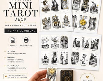 Printable Mini Tarot Cards PDF, DIY Tarot Deck, Black Gold Instant Download
