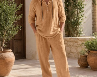 Men's Linen Lounge Set, Hooded Shirt and Wide Leg Pants Casual Resort Beach Wear