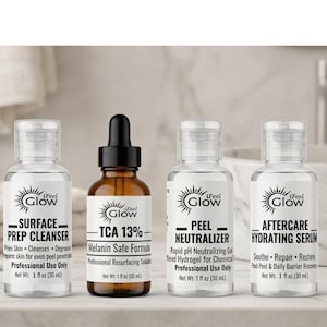 May include: Four skincare bottles labeled iFeel Glow. From left to right: Surface Prep Cleanser, TCA 13% Melanin Safe Formula with a black dropper, Peel Neutralizer, and Aftercare Hydrating Serum. Each bottle contains 1 fl oz of liquid product.