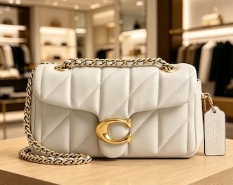 Coach Tabby White Quilted Leather Crossbody Bag, Gold Chain Shoulder Bag, C Hardware Flap Bag, Everyday Handbag for Women, Gift for Her