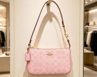 Coach Pink Signature C Canvas Shoulder Bag, Cute Pink Canvas Mahjong Bag,Mini Y2K Purse,Women’s Casual Armpit Bag,Perfect Gift for Her