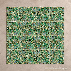 May include: A repeating pattern of teal and gold butterflies and swirling lines on a green background. The design is repeated across multiple tiles. The tiles are arranged in a square. The design is reminiscent of Art Nouveau style.