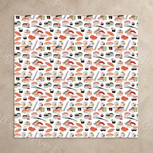 May include: A white background featuring a repeating pattern of sushi rolls, nigiri, and maki. The sushi is in various colours, including orange, green, and black. Chopsticks are interspersed throughout the design.