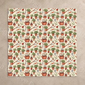 May include: A repeating pattern featuring gardening tools and elements. The design includes terracotta pots with plants, watering cans, shovels, carrots, and radishes. The background is a light beige color, creating a cohesive and detailed illustration.