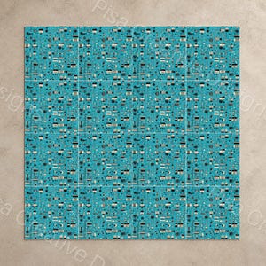 May include: A square, teal-colored tile design featuring a repeating pattern of small, abstract shapes in black, white, and gray. The design is divided into sixteen equal squares, creating a grid-like appearance. The overall aesthetic is modern and geometric.