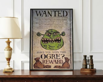 Pôster de Procurado do Shrek | Arte de Parede Meme Divertida | Impressão de Ogro do Velho Oeste | Decoração de Filme Paródia | Pôster de Procurado Vintage | Arte Meme do Shrek | Presente para Fã