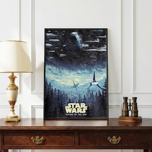 Op de afbeelding: Ingelijste Star Wars: Return of the Jedi poster. Het kunstwerk toont een ruimtegevecht met de Death Star, starfighters en een bosscène. Het Star Wars-logo staat prominent onderaan.