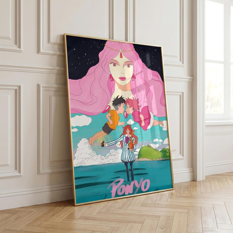 May include: Framed art print featuring a colorful illustration from the animated film "Ponyo." The artwork depicts characters in a vibrant scene with a large pink-haired figure, two children, and a girl in a striped coat. The title "Ponyo" is written in pink.
