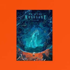 Puede incluir: Un p&oacute;ster con el t&iacute;tulo "PRINCESS MONONOKE" en letras turquesas. La obra presenta una figura et&eacute;rea y brillante en un entorno forestal, con una persona en primer plano. El fondo es azul oscuro con un toque de turquesa.