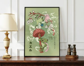 Japanese Frog Poster | Cute Frog Wall Art | Kawaii Nature Print | Minimalist Japan Decor | Anime Aesthetic Poster | Cozy Room Art | Gift