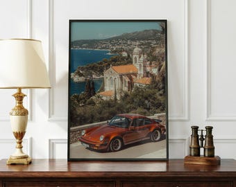 ポルシェ911レトロレイクコモポスター｜ヴィンテージカーウォールアート｜イタリアンラグジュアリープリント｜自動車美学装飾｜クラシックスポーツカーポスター