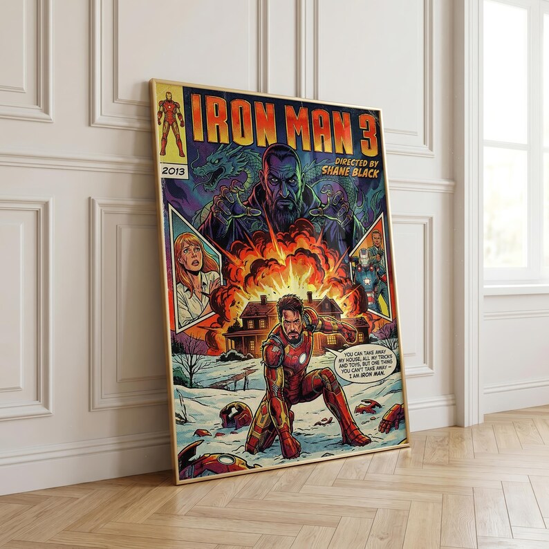 Pode incluir: Um poster emoldurado em estilo de banda desenhada para "Iron Man 3" com uma moldura dourada. A arte apresenta o Homem de Ferro no seu fato, explos&otilde;es e outros personagens. O poster inclui o texto "Iron Man 3" e "Directed by Shane Black".