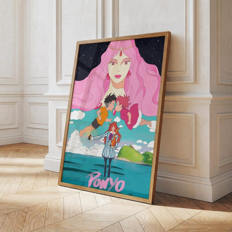 May include: A framed art print featuring a colorful illustration from the animated film "Ponyo." The artwork depicts a large pink-haired figure, two children, and a girl in a striped outfit. The title "Ponyo" is written in teal at the bottom.