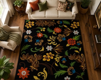 Alfombra floral tejida a mano / Alfombra botánica de lana negra / Decoración del hogar de inspiración vintage